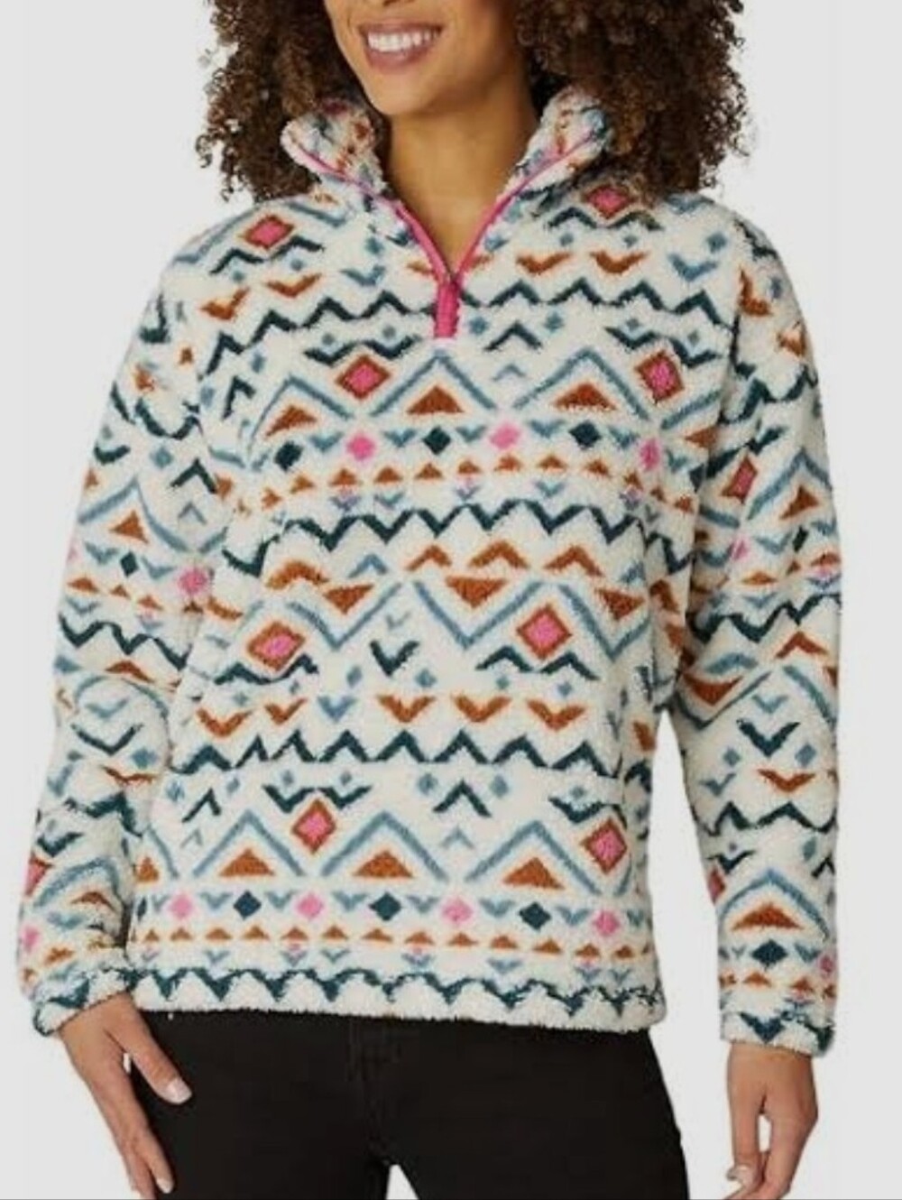 Eddie Bauer Plush Sherpa Jacket - White, Navy & Mustard with Pink Trim